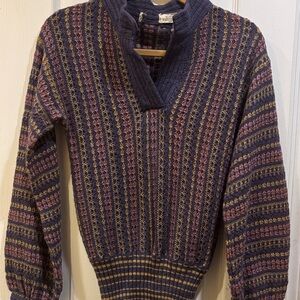 PURPLE PINK YELLOW WOOL ACRYLIC MOHAIR NYLON SWEATER VNECK SMOCKED ELASTIC WAIST